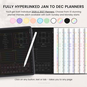 May include: A digital planner set featuring fully hyperlinked January to December 2026 and 2027 planners. The display shows a black interface with an index page, a white stylus, and a row of ten colored circular icons above the planner options.
