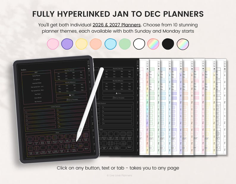 May include: A digital planner set featuring fully hyperlinked January to December 2026 and 2027 planners. The display shows a black interface with an index page, a white stylus, and a row of ten colored circular icons above the planner options.