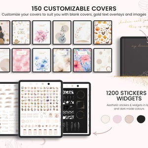 May include: A digital planner with 150 customizable covers, 1200 stickers and widgets in light and dark mode colors. The covers feature various designs including floral patterns, abstract shapes, and minimalist illustrations. The stickers and widgets are shown in a separate image and include a variety of shapes, icons, and text elements.