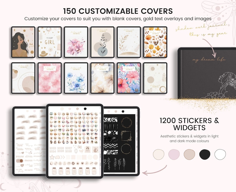 May include: A digital planner with 150 customizable covers, 1200 stickers and widgets in light and dark mode colors. The covers feature various designs including floral patterns, abstract shapes, and minimalist illustrations. The stickers and widgets are shown in a separate image and include a variety of shapes, icons, and text elements.