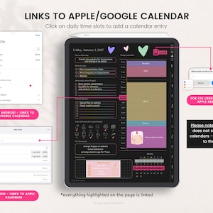 May include: A digital planner displayed on a tablet screen with a dark background, featuring daily schedules, to-do lists, and calendar links. Text includes LINKS TO APPLE/GOOGLE CALENDAR, FOR ANDROID - LINKS TO GOOGLE CALENDAR, and FOR IOS USERS - LINKS TO APPLE REMINDERS.