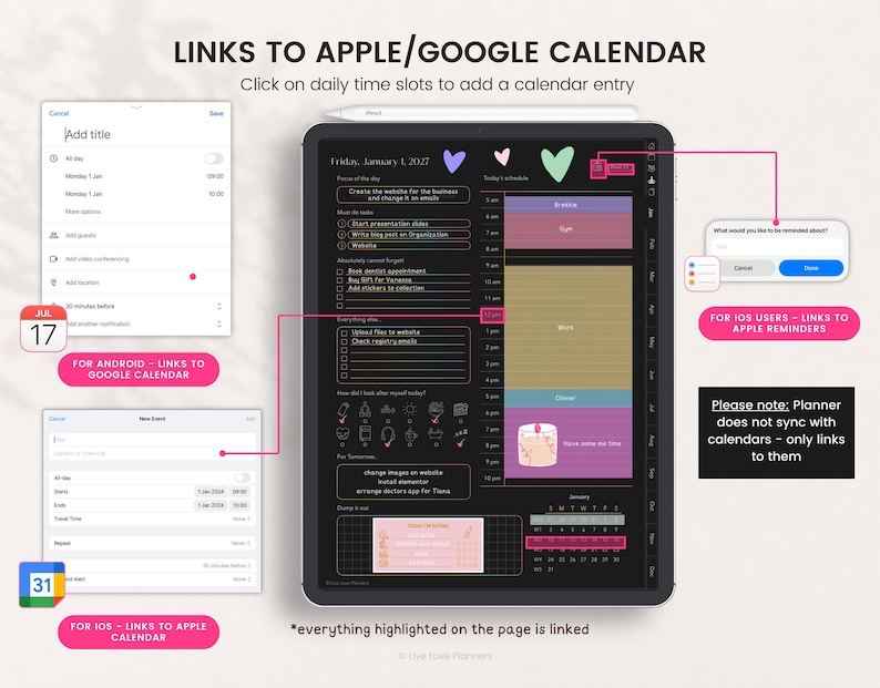 May include: A digital planner displayed on a tablet screen with a dark background, featuring daily schedules, to-do lists, and calendar links. Text includes LINKS TO APPLE/GOOGLE CALENDAR, FOR ANDROID - LINKS TO GOOGLE CALENDAR, and FOR IOS USERS - LINKS TO APPLE REMINDERS.