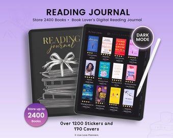 Reading Journal, Dark Mode Portrait Digital Reading Journal, Book Journal, Digital Book Tracker for Goodnotes