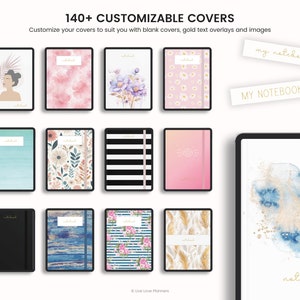 May include: A collection of 140+ customisable notebook covers featuring a variety of designs, including floral patterns, watercolour backgrounds, and geometric shapes. The covers are shown on a white background with the text "140+ CUSTOMIZABLE COVERS" and "Customize your covers to suit you with blank covers, gold text overlays and images".