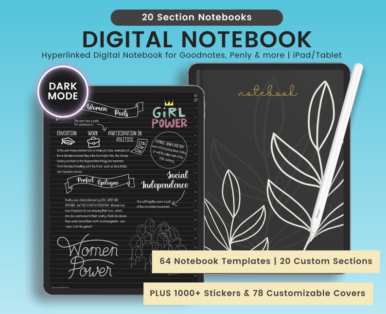 Dark Mode Digital Notebook, Dark Mode Digital Journal, Lined, Grid, Dotted, Blank, Cornell, Dark Mode Note Templates For iPad & Tablet image 1