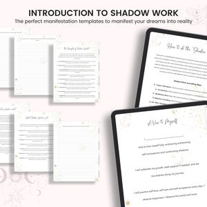 May include: A printable guide to shadow work with a white background and gold glitter accents. The guide includes sections on the benefits of shadow work, how to do shadow work, and a vow to yourself.