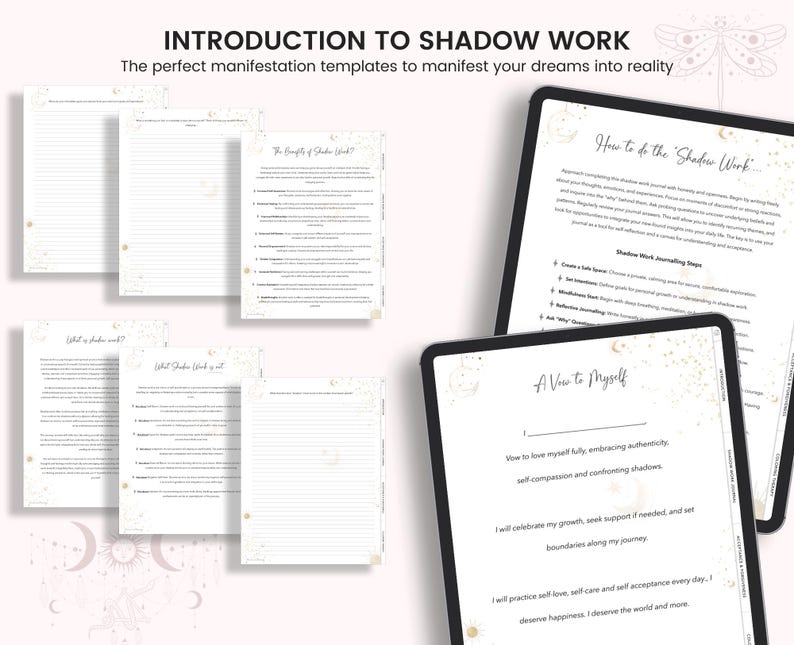 May include: A printable guide to shadow work with a white background and gold glitter accents. The guide includes sections on the benefits of shadow work, how to do shadow work, and a vow to yourself.