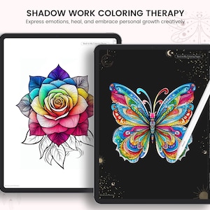 May include: Two digital tablet screens displaying images of a colorful rose and a butterfly. The tablets are on a white surface. The text "SHADOW WORK COLORING THERAPY" is at the top of the image. The text "Express emotions, heal, and embrace personal growth creatively" is below the title.