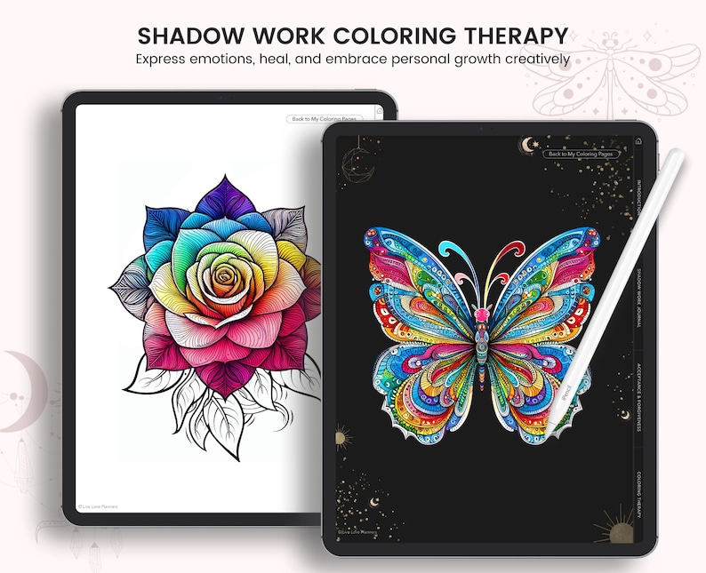 May include: Two digital tablet screens displaying images of a colorful rose and a butterfly. The tablets are on a white surface. The text "SHADOW WORK COLORING THERAPY" is at the top of the image. The text "Express emotions, heal, and embrace personal growth creatively" is below the title.