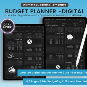 Digital Dark Mode Budget Planner, Finance Tracker, Finance Planner, Digital Budget Planner, Portrait Dark Budget Planner, GoodNotes Planner