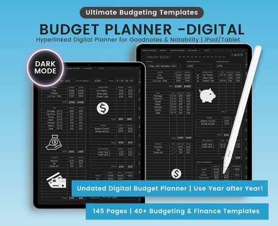 Dark Mode Digital Budget Planner: GoodNotes Finance Tracker (Portrait)