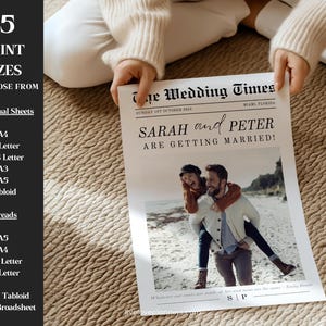 May include: A wedding announcement designed as a newspaper front page, titled "The Wedding Times," announcing Sarah and Peter's marriage. The announcement features a photo of the couple and the text "ARE GETTING MARRIED!" Print sizes include A4, US Letter, and Tabloid.