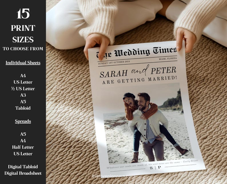 May include: A wedding announcement designed as a newspaper front page, titled "The Wedding Times," announcing Sarah and Peter's marriage. The announcement features a photo of the couple and the text "ARE GETTING MARRIED!" Print sizes include A4, US Letter, and Tabloid.