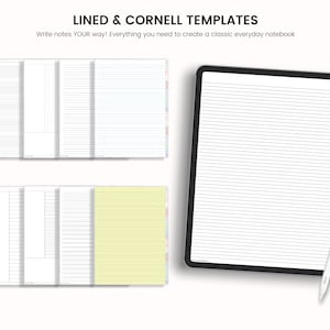 May include: A digital tablet with a white background and black lines. The tablet is displaying a lined and Cornell note-taking template. The tablet is on a white surface with a stylus next to it.
