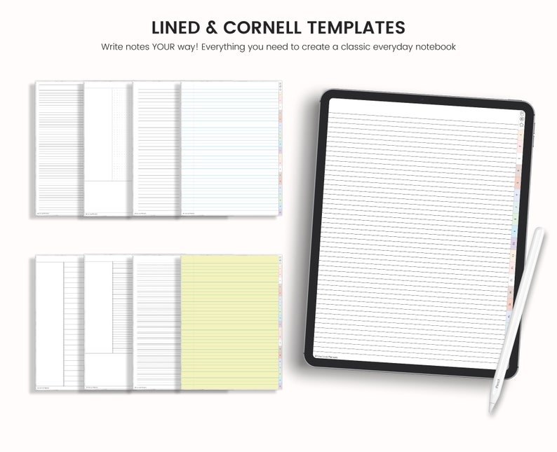 May include: A digital tablet with a white background and black lines. The tablet is displaying a lined and Cornell note-taking template. The tablet is on a white surface with a stylus next to it.