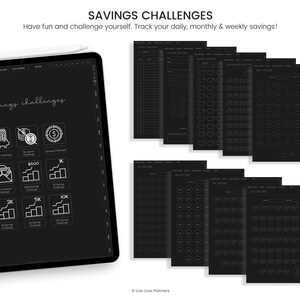 May include: A black and white digital planner with the text "Savings Challenges" and a list of different savings challenges, including a 30-week challenge, a no-spend challenge, a &pound;500 savings challenge, a &pound;1,000 savings challenge, a cash envelope challenge, a &pound;3,000 savings challenge, a &pound;5,000 savings challenge, and a &pound;10,000 savings challenge.