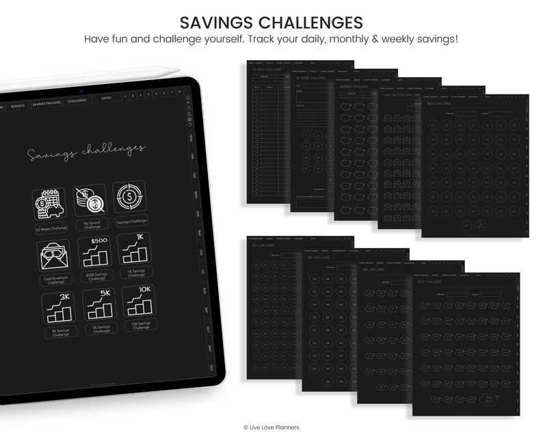 May include: A black and white digital planner with the text "Savings Challenges" and a list of different savings challenges, including a 30-week challenge, a no-spend challenge, a &pound;500 savings challenge, a &pound;1,000 savings challenge, a cash envelope challenge, a &pound;3,000 savings challenge, a &pound;5,000 savings challenge, and a &pound;10,000 savings challenge.