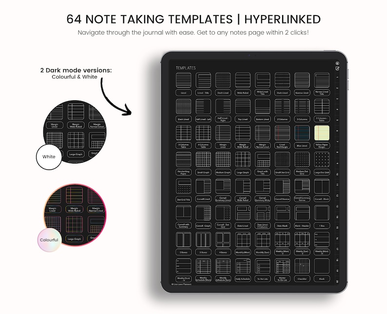 Dark Mode Digital Notebook, Dark Mode Digital Journal, Lined, Grid, Dotted, Blank, Cornell, Dark Mode Note Templates For iPad & Tablet image 2