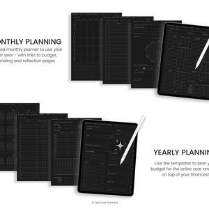 May include: Black and white digital planner pages for monthly and yearly budgeting. The pages are designed for use with a tablet and stylus. The text on the page reads "Monthly Planning" and "Yearly Planning".
