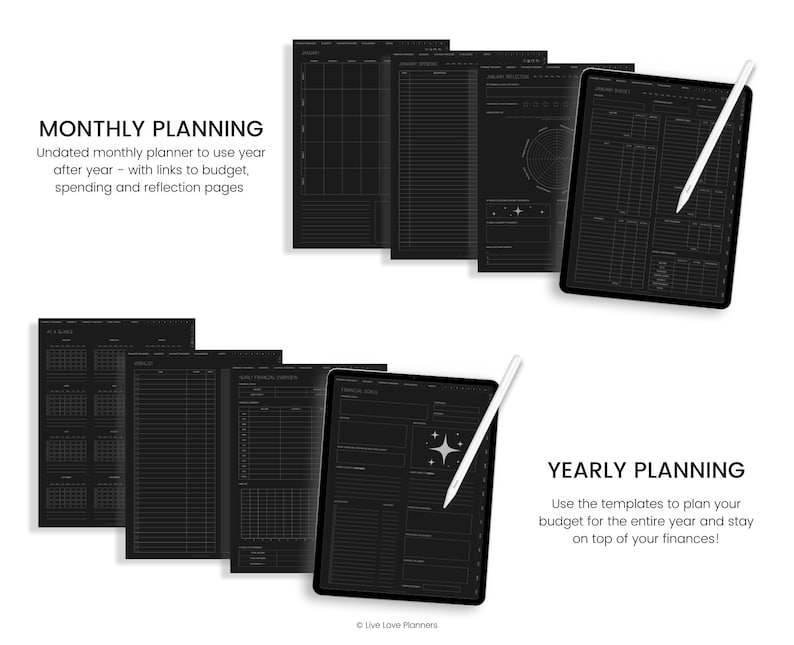 May include: Black and white digital planner pages for monthly and yearly budgeting. The pages are designed for use with a tablet and stylus. The text on the page reads "Monthly Planning" and "Yearly Planning".