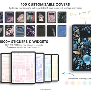 May include: A digital planner with 100 customizable covers, 1000+ stickers and widgets, and stickers in 6 colors. The planner features a floral design with blue flowers and gold accents. The text "this is my year" is written in gold on the cover.