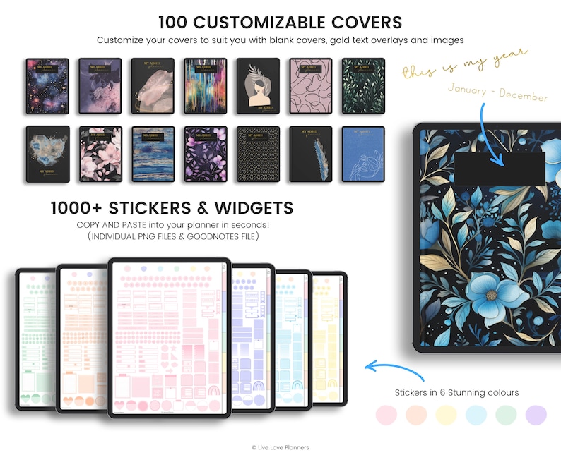 May include: A digital planner with 100 customizable covers, 1000+ stickers and widgets, and stickers in 6 colors. The planner features a floral design with blue flowers and gold accents. The text "this is my year" is written in gold on the cover.