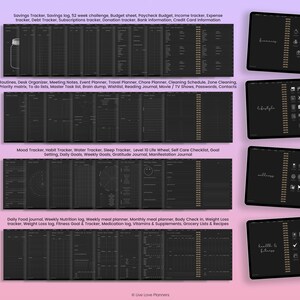K&ouml;nnte beinhalten: Ein Satz von 50 druckbaren Planer-Vorlagen f&uuml;r digitale Planer. Die Vorlagen sind schwarzwei&szlig; mit goldenen Akzenten. Die Vorlagen umfassen eine Vielzahl von Kategorien, wie z. B. Sparen, Routinen, Stimmung, Gewohnheiten, Wasser, Schlaf, Essen, Fitness und mehr.