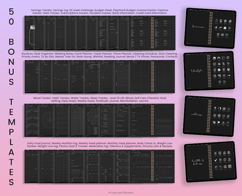 K&ouml;nnte beinhalten: Ein Satz von 50 druckbaren Planer-Vorlagen f&uuml;r digitale Planer. Die Vorlagen sind schwarzwei&szlig; mit goldenen Akzenten. Die Vorlagen umfassen eine Vielzahl von Kategorien, wie z. B. Sparen, Routinen, Stimmung, Gewohnheiten, Wasser, Schlaf, Essen, Fitness und mehr.