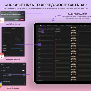 K&ouml;nnte beinhalten: Ein schwarzer und goldener Tagesplaner mit Spiralbindung. Der Planer hat ein t&auml;gliches Seitenlayout mit Zeitfenstern f&uuml;r die Planung von Terminen und Aufgaben. Der Planer enth&auml;lt auch Abschnitte f&uuml;r Top-Priorit&auml;ten, eine pers&ouml;nliche To-Do-Liste und eine To-Do-Liste f&uuml;r die Arbeit. Der Planer ist auf Mittwoch, den 1. Januar 2025, ge&ouml;ffnet. Das Bild zeigt klickbare Links zu den Apps Apple und Google Calendar.