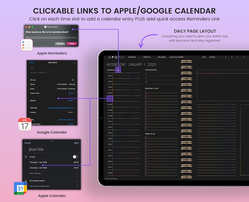 K&ouml;nnte beinhalten: Ein schwarzer und goldener Tagesplaner mit Spiralbindung. Der Planer hat ein t&auml;gliches Seitenlayout mit Zeitfenstern f&uuml;r die Planung von Terminen und Aufgaben. Der Planer enth&auml;lt auch Abschnitte f&uuml;r Top-Priorit&auml;ten, eine pers&ouml;nliche To-Do-Liste und eine To-Do-Liste f&uuml;r die Arbeit. Der Planer ist auf Mittwoch, den 1. Januar 2025, ge&ouml;ffnet. Das Bild zeigt klickbare Links zu den Apps Apple und Google Calendar.