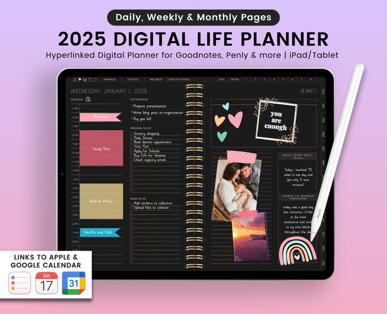 K&ouml;nnte beinhalten: Eine digitale Planer-App f&uuml;r iPad und Tablet-Ger&auml;te. Die App ist auf einer Kalenderseite f&uuml;r Mittwoch, den 1. Januar 2025, ge&ouml;ffnet. Die Seite hat einen schwarzen Hintergrund mit goldenen Akzenten. Die App soll Benutzern helfen, ihre t&auml;glichen, w&ouml;chentlichen und monatlichen Zeitpl&auml;ne zu planen. Die App enth&auml;lt Links zu Apple- und Google-Kalendern. Die App enth&auml;lt auch ein motivierendes Zitat: "You are enough."
