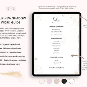 May include: A digital journal cover with a gold glitter background and a dragonfly illustration. The text on the cover reads "Your New Shadow Work Guide" and "Index". The journal includes 180 pages, over 140 journaling pages, 20 coloring pages, detailed shadow work exercises, 1200+ aesthetic stickers, and 5 colors to choose from.
