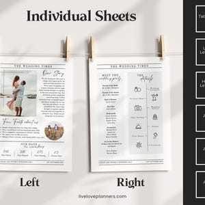 May include: Two wedding information sheets, labelled "Left" and "Right", are displayed with wooden pegs. The left sheet features a photo and text about the couple's story and fun facts. The right sheet lists wedding details. The text "Individual Sheets" is at the top.