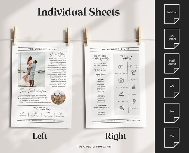 May include: Two wedding information sheets, labelled "Left" and "Right", are displayed with wooden pegs. The left sheet features a photo and text about the couple's story and fun facts. The right sheet lists wedding details. The text "Individual Sheets" is at the top.