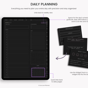 May include: A black and white digital planner on a tablet screen with a daily planning layout. The planner includes sections for daily schedule, gratitude, affirmations, to-do lists, and notes. It also features a monthly calendar view and quick links to daily pages. The image includes the text "DAILY PLANNING" and "Live Love Planners".