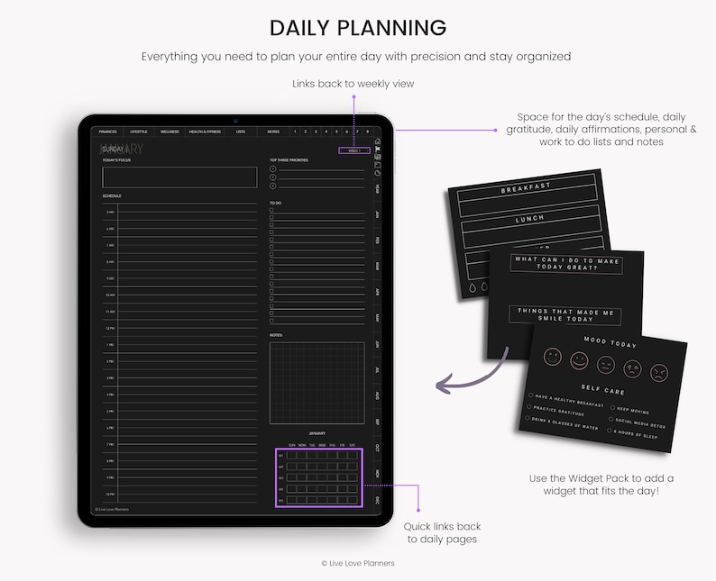 May include: A black and white digital planner on a tablet screen with a daily planning layout. The planner includes sections for daily schedule, gratitude, affirmations, to-do lists, and notes. It also features a monthly calendar view and quick links to daily pages. The image includes the text "DAILY PLANNING" and "Live Love Planners".