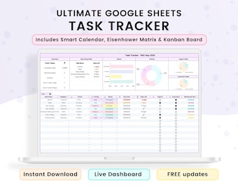 Google Sheets Task Tracker, Digital Planning Spreadsheet, Smart Calendar, Kanban Board, Task List Tracker, Organization (Instant Download)