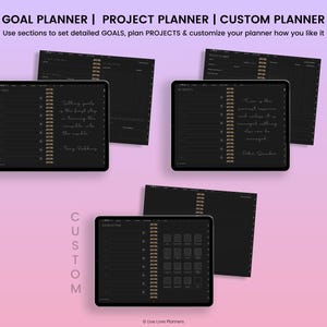 K&ouml;nnte beinhalten: Ein digitaler Planer mit drei Abschnitten: Ziele, Projekte und Benutzerdefiniert. Jeder Abschnitt hat einen schwarzen Hintergrund mit einer goldenen Spiralbindung. Der Abschnitt Ziele enth&auml;lt ein Zitat &uuml;ber den ersten Schritt. Der Abschnitt Projekte enth&auml;lt ein Zitat dar&uuml;ber, dass Zeit die wertvollste Ressource ist. Der Abschnitt Benutzerdefiniert enth&auml;lt ein Raster aus Quadraten.