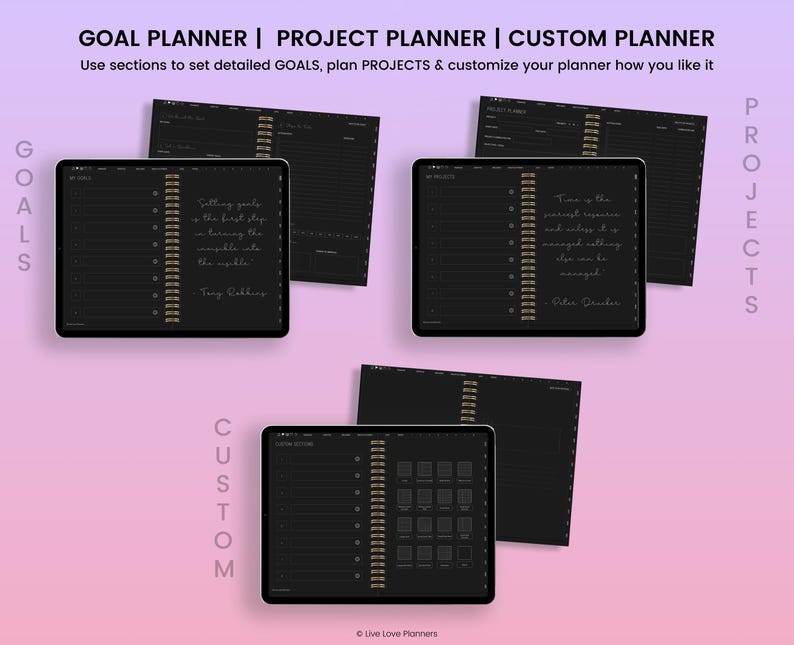 K&ouml;nnte beinhalten: Ein digitaler Planer mit drei Abschnitten: Ziele, Projekte und Benutzerdefiniert. Jeder Abschnitt hat einen schwarzen Hintergrund mit einer goldenen Spiralbindung. Der Abschnitt Ziele enth&auml;lt ein Zitat &uuml;ber den ersten Schritt. Der Abschnitt Projekte enth&auml;lt ein Zitat dar&uuml;ber, dass Zeit die wertvollste Ressource ist. Der Abschnitt Benutzerdefiniert enth&auml;lt ein Raster aus Quadraten.