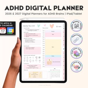 May include: A digital planner for ADHD brains on an iPad. The screen displays a daily schedule with pink, yellow, and white sections. The planner includes links to Apple and Google Calendar, and features over 3000 stickers. Text on the screen reads "ADHD DIGITAL PLANNER".