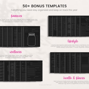 May include: A digital planner set featuring 50 plus bonus templates organized into four categories: finances, lifestyle, wellness, and health and fitness. Each section displays black pages with white text, grid layouts, and trackers for daily use.