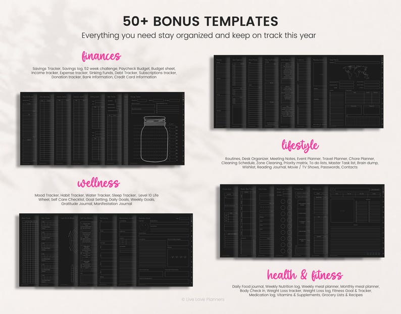 May include: A digital planner set featuring 50 plus bonus templates organized into four categories: finances, lifestyle, wellness, and health and fitness. Each section displays black pages with white text, grid layouts, and trackers for daily use.