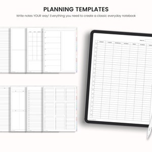 May include: Five different printable planning templates for a classic everyday notebook. The templates include lined paper, grid paper, a weekly planner, and a daily planner.