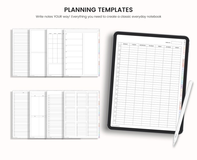 May include: Five different printable planning templates for a classic everyday notebook. The templates include lined paper, grid paper, a weekly planner, and a daily planner.