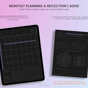 May include: A digital planner for ADHD, with a monthly calendar and reflection page. The calendar is black with purple highlights and the reflection page has a star rating system, a wheel, and a grid.