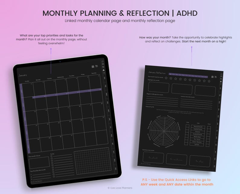 May include: A digital planner for ADHD, with a monthly calendar and reflection page. The calendar is black with purple highlights and the reflection page has a star rating system, a wheel, and a grid.