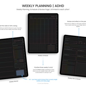 May include: A digital planner for people with ADHD. The planner is divided into three sections: Weekly Planner, Weekly Schedule, and Weekly Plan & Review. Each section has a dark background with white text and lines. The planner is designed to help people with ADHD stay organized and on track.