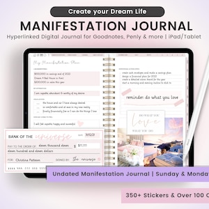 Puede incluir: Un diario de manifestación digital para iPad y tableta. El diario tiene un esquema de color rosa y blanco con una chequera rosa y una pegatina rosa y blanca que dice "Haz lo que amas". El diario no está fechado y comienza un domingo y un lunes. Incluye más de 350 pegatinas y 100 cubiertas.