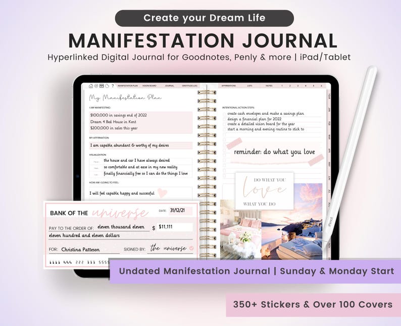 K&ouml;nnte beinhalten: Ein digitales Manifestationsjournal f&uuml;r iPad und Tablet. Das Journal hat ein rosa-wei&szlig;es Farbschema mit einem rosa Scheckbuch und einem rosa-wei&szlig;en Aufkleber mit der Aufschrift "Tu, was du liebst". Das Journal ist undatiert und beginnt mit einem Sonntag und einem Montag. Es enth&auml;lt &uuml;ber 350 Aufkleber und 100 Cover.