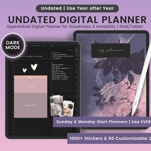 Undated Dark Mode Digital Planner, Undated Digital Planner, Dark Mode Planner, Hyperlinked Digital Planner, Undated Digital Portrait Planner